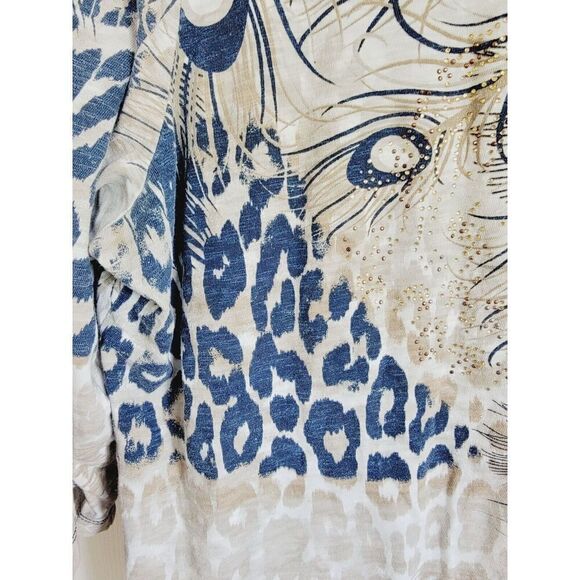 Chico's 3 Cotton T-Shirt Top 3/4 Slv. Tan Blue Peacock Feathers Beaded Cotton - Picture 5 of 7